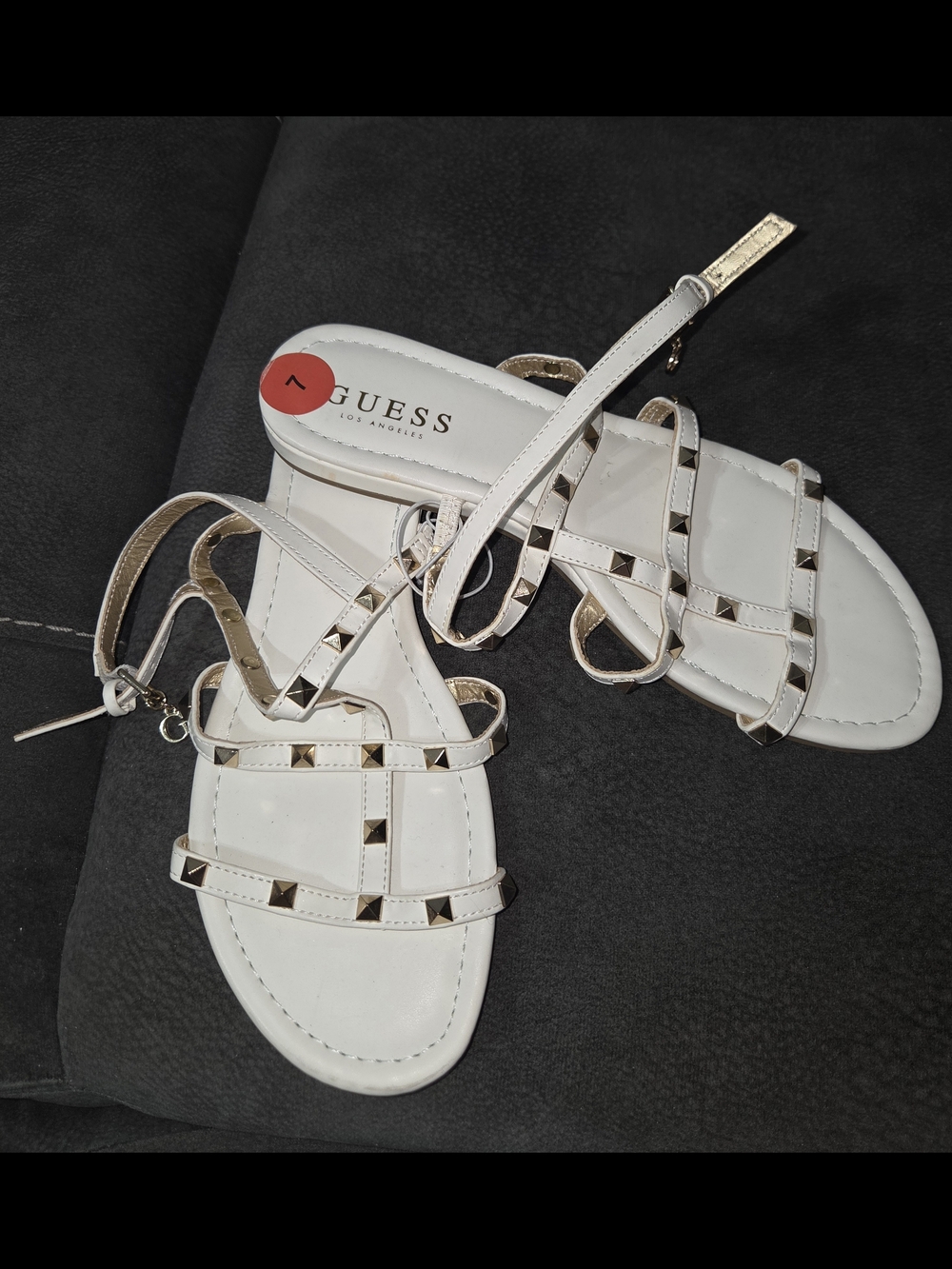 GUESS White Strappy Sandals with Gold Studs Size 7